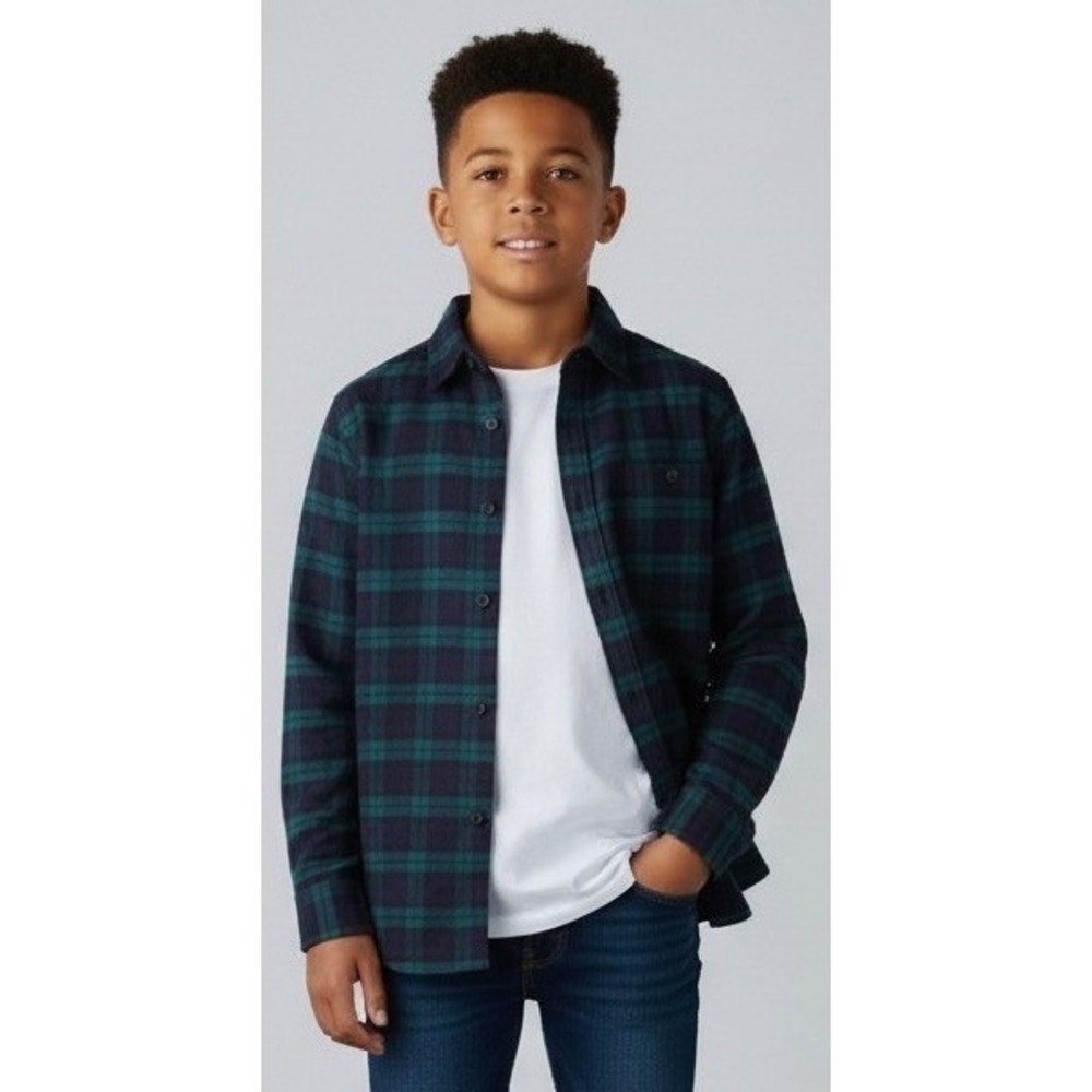 Brooks Brothers 346 Kids Flannel Shirt 14 Navy Green Watch Plaid 100% CTN preppy - Picture 2 of 8